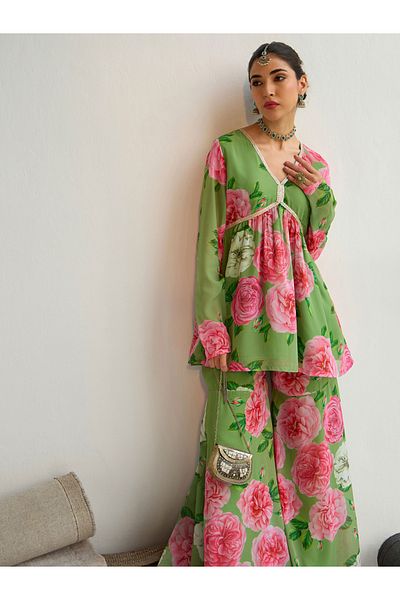 Sassafras By Styli Floral Printed Peplum Top and Flared Sharara Co-Ords