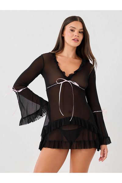 Styli Ruffle and Bow Detail Bell Sleeves Slip with Briefs