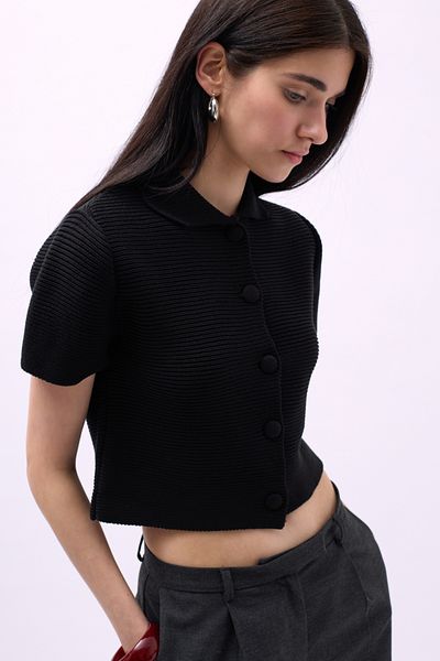 THEIA WEAR Baby Collar Buttoned Black Blouse