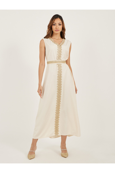 Styli Lace Trim Collared Belted Satin Abaya with Inner Dress