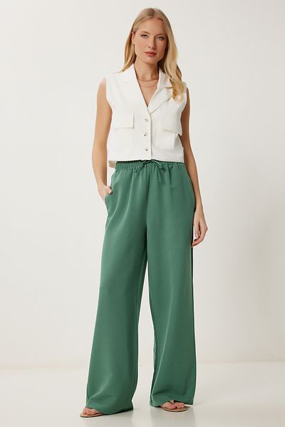 Lovelyİstanbul Wide Leg Linen Trousers Ldp0071 Dark Green