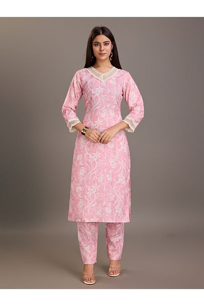 DW By Styli Floral Printed Linen Straight Kurta and Trousers Set