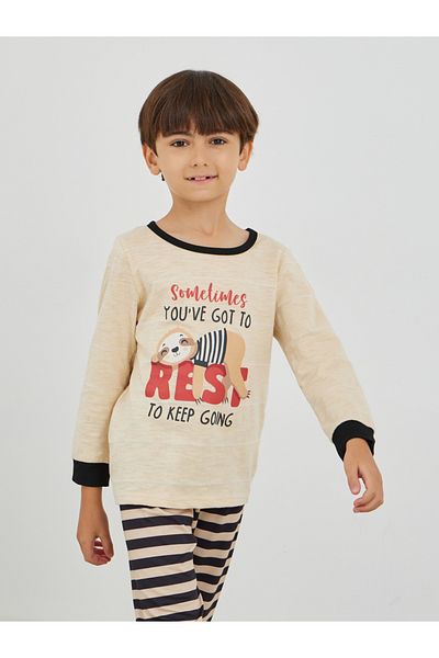 Styli Graphic Print Round Neck T-Shirt and Striped Pyjama Set
