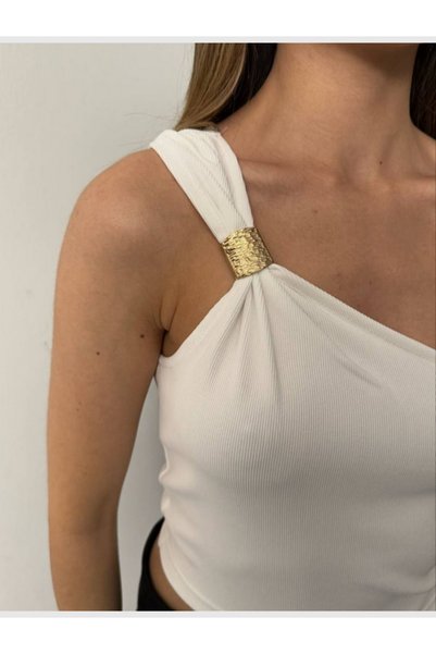 MODA Kadın Tek Omuz Toka Detaylı Crop Bluz