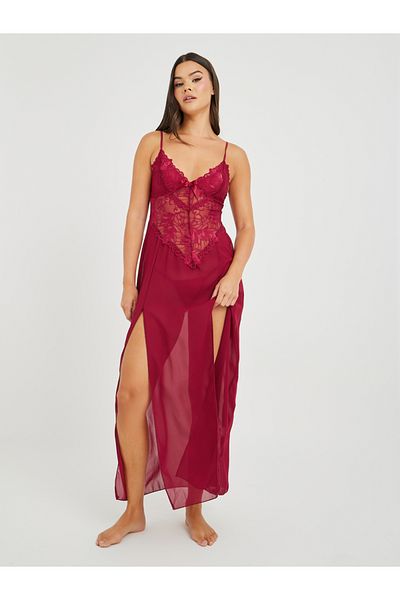 Styli Lace Detail Double Slit Mesh Slip Dress with Briefs