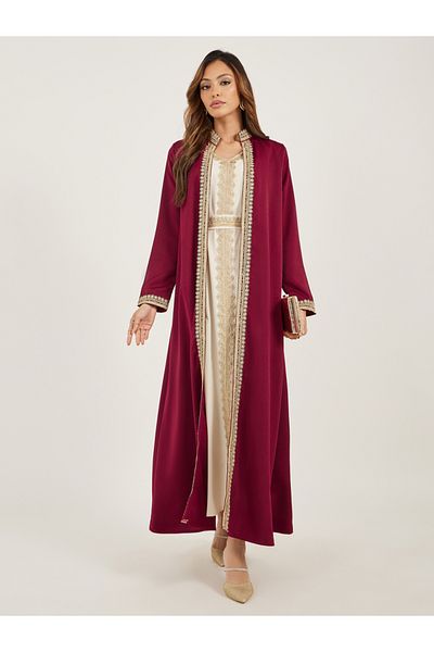 Styli Lace Trim Collared Belted Satin Abaya with Inner Dress
