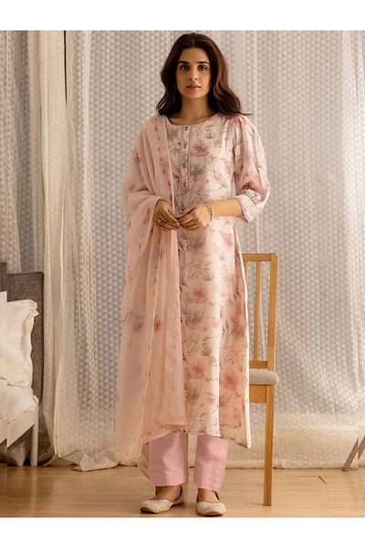 DW By Styli Floral Printed Flared Kurta with Trouser and Dupatta Set