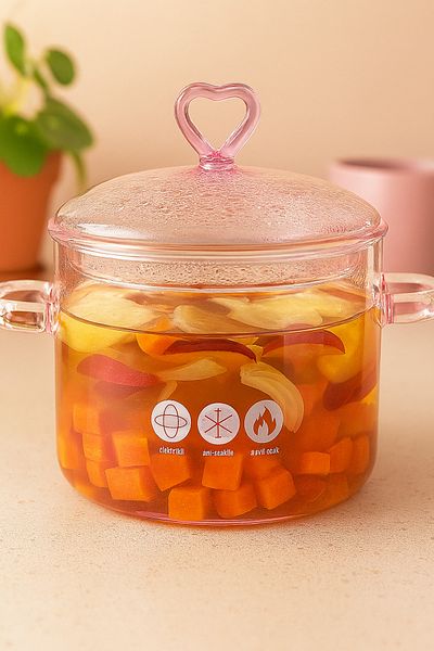 Anadolu Saray Heat Resistant Borosilicate Pink Heart Figured Glass Pot Thermisil Cooktop Pot 1500L