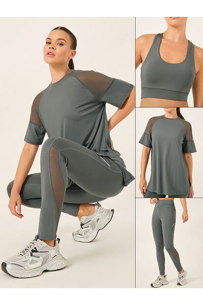 Styli Pack of 3 - Shoulder Mesh Detail Top, Back Dual Tear Drop Sports Bra and Leggings