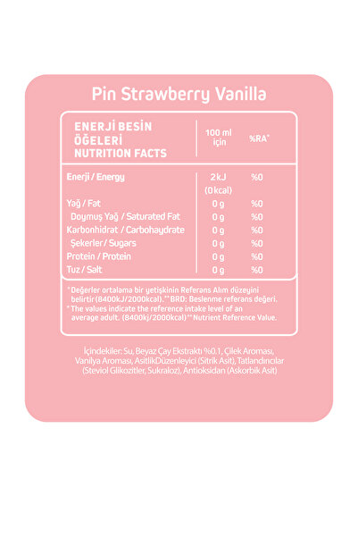 Pin Strawberry Vanillia Beyaz Çaylı Özel Seri - Şekersiz & Kalorisiz 1 Litre X 6 Adet