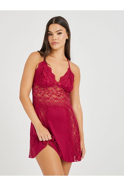 Styli Solid Floral Lace Cup Bow Detail Slip Dress