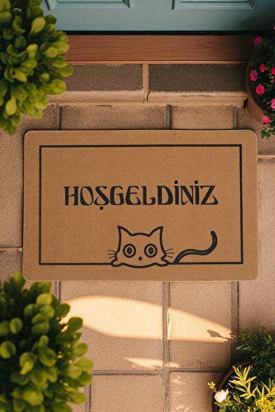 Hoşgeldiniz Baskılı Kapı Önü Paspası Kaymaz Taban 45x70 cm Kedi Figürlü Tasarım