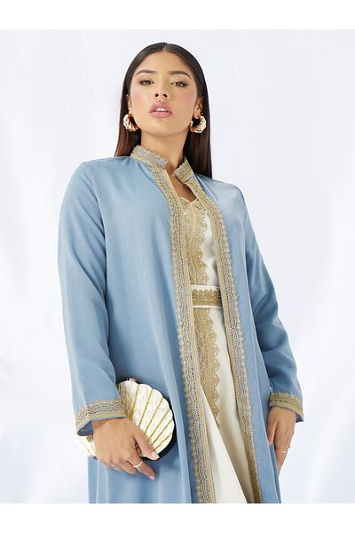 Styli Lace Trim Collared Belted Satin Abaya with Inner Dress