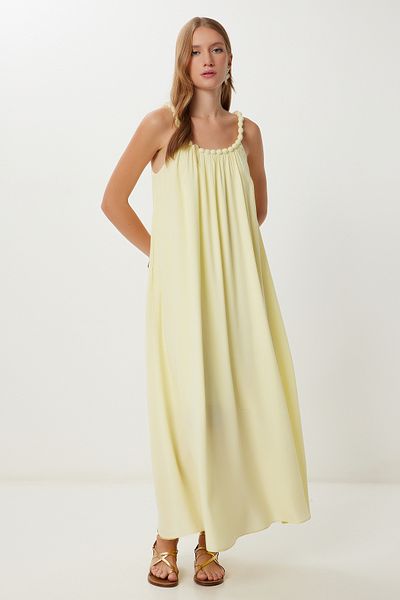 Lovelyİstanbul Long Viscose Dress with Beaded Strap Lfg0003 Yellow