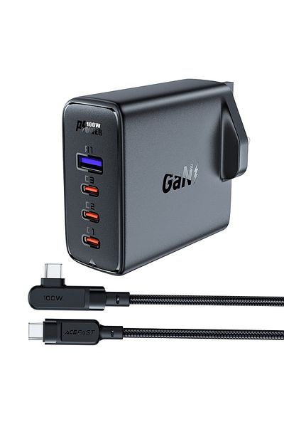 Acefast 2w1 Kabel i szybka ładowarka sieciowa GaN wtyczka angielska UK 100W PD 3x USB-C USB czarna