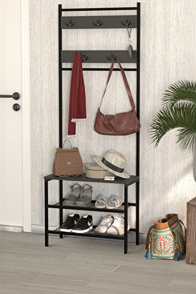 Bofigo 3 Raflı Metal Portmanto Elbise Askılığı Vestiyer Ayakkabılık Samanyolu Antrasit
