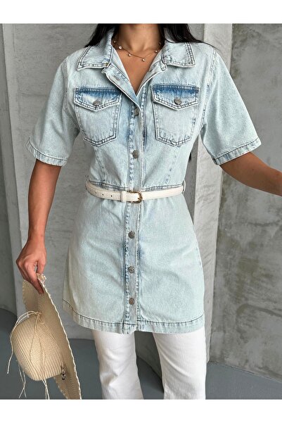 DESTEMODA Women's Shirt Collar Denim Tunic Front Two Pockets Tunic Ice Blue 4507