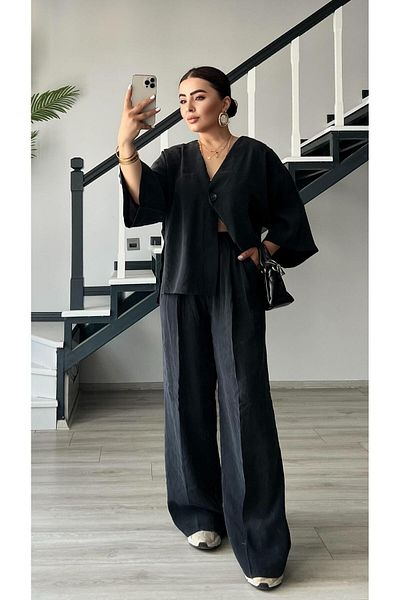Oslove Black Tnsel Single Button Blouse-Pants Suit
