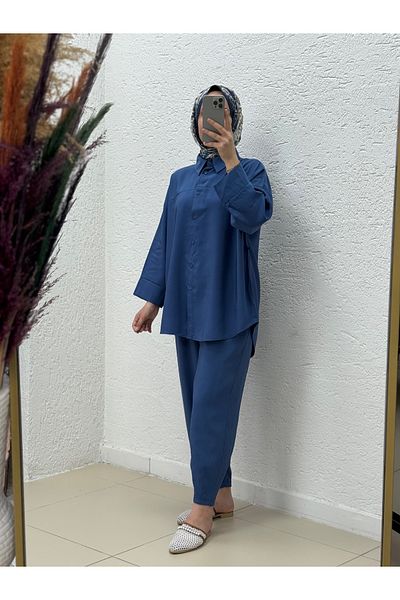 MİHRA STORE Orelella Trouser Suit with Trousers with Collet-As479 Indigo