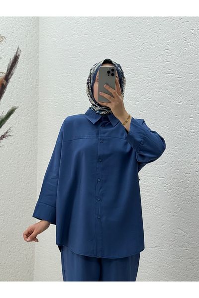 MİHRA STORE Orelella Trouser Suit with Trousers with Collet-As479 Indigo