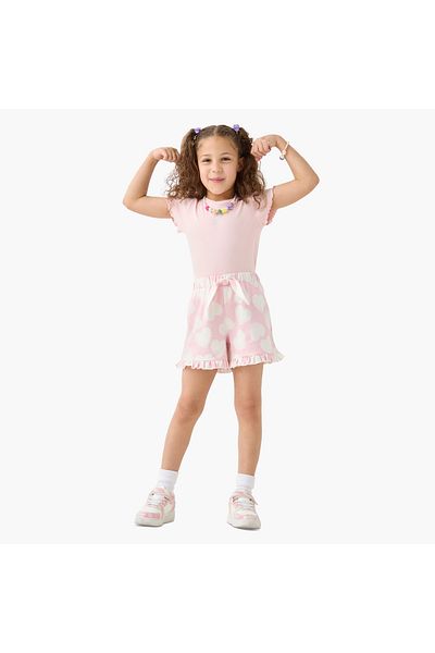 Juniors All-Over Heart Print Shorts with Elasticated Waistband and Frill Detail