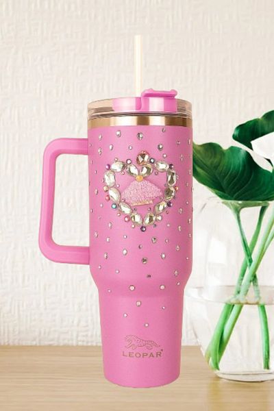 Elista 1.2 Liter Steel Thermos with Straw and Handle Pink with Stone Embroidered on Color