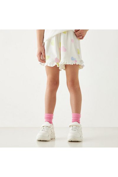 Juniors All-Over Heart Print Shorts with Ruffle Detail and Elasticated Waistband