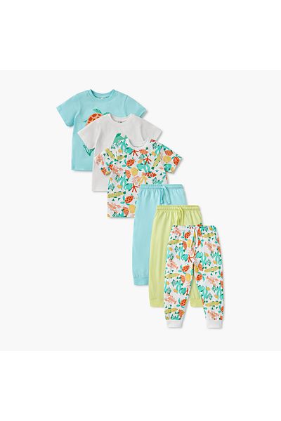 Juniors Fish Print T-shirt with Pyjama - Set of 3
