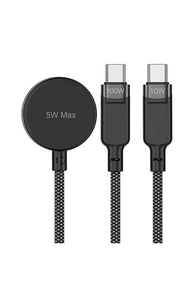 Acefast Cablu 3 în 1 USB-C - 2x USB-C / Încărcător Apple Watch Qi 480Mb/s 100W 1,2m - negru