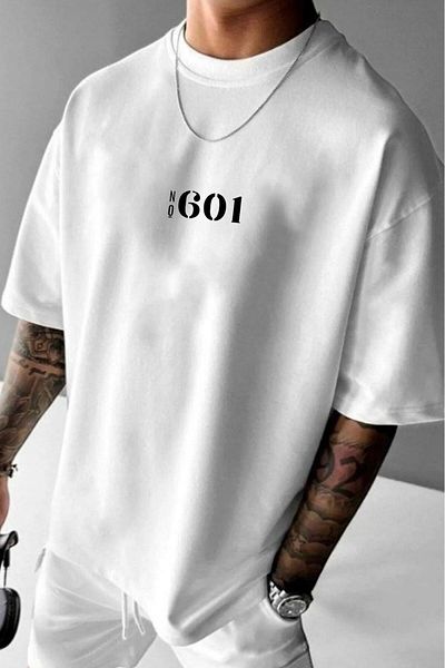 CAST COLLECTİON Men's White No601 Printed Oversize Wide Fit Tshirt