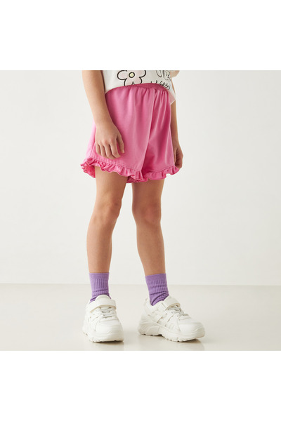 Juniors شورت سادة بحزام خصر مطاطي وكشكشة