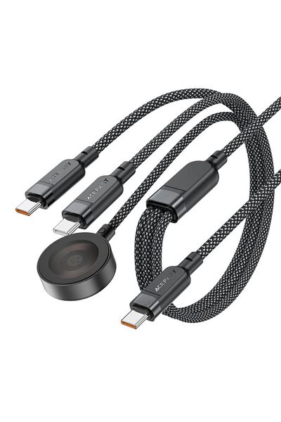 Acefast Cablu 3 în 1 USB-C - 2x USB-C / Încărcător Apple Watch Qi 480Mb/s 100W 1,2m - negru