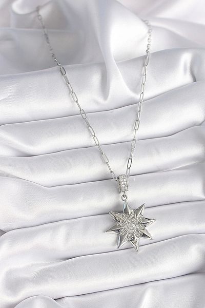 ALFA AKSESUAR 03 316L Steel Silver Color Zircon Stone Polar Star Model Women's Necklace - Tj-Bko9531