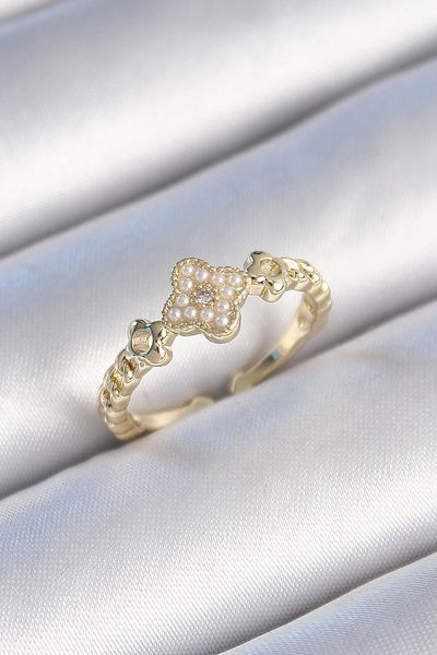 ALFA AKSESUAR 03 Brass Gold Color Pearl Clover Model Zircon Stone Detail Women's Ring - Tj-Byk3438