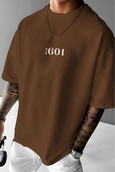 CAST COLLECTİON Мъжка кафява тениска с щампа No601, голям размер и широка форма
