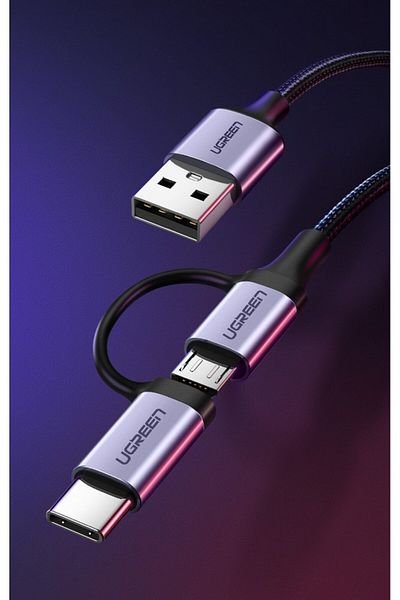 Ugreen 2w1 Kabel przewód w mocnym oplocie USB - microUSB + USB-C 1m 2.4A czarny