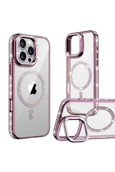 REDz Accessories Carcasă Crystal MagSafe, suport pentru cameră, iPhone 16 Pro Max, pietre și sclipici, roz