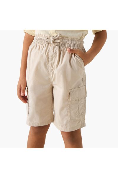 Juniors Solid Cargo Shorts with Elasticated Waistband and Pockets