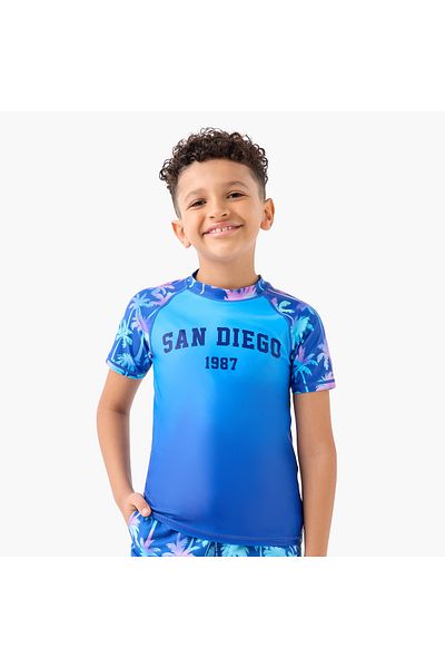Juniors Graphic Print Raglan Sleeves Swim T-shirt and Elasticated Shorts Set