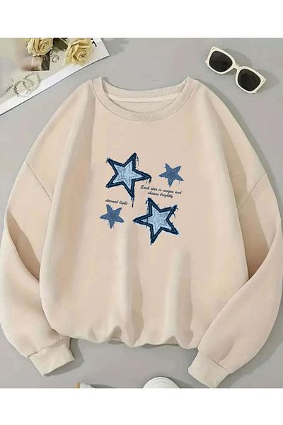 herkesemoda Φούτερ με λεπτομέρεια Star Print Crew Neck με Fleece εσωτερικά