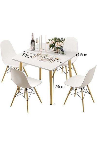 Taimi 5-Piece Dining Set, White Modern Square Dining Table, 80x80x73cm with 4 White Elegant Plastic Chairs