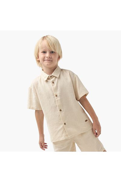 ELIGO Waffle Textured Collared Shirt and Shorts Set