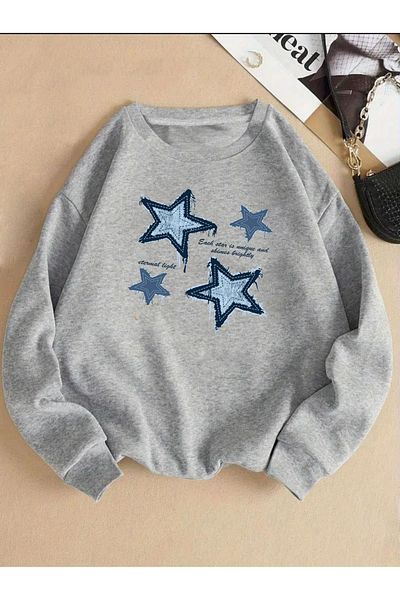 herkesemoda Star Print Detailed Crew Neck Fleece Sweatshirt