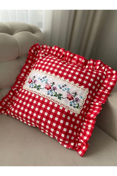 Parla Life Red Ruffled Cross Stitch Detailed Throw Pillow Case (Cross Stitch Models Vary)