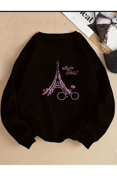 herkesemoda Eiffel Print Detailed Crew Neck Fleece Sweatshirt