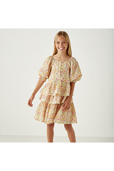 Juniors All-Over Floral Print Top and Skirt Set