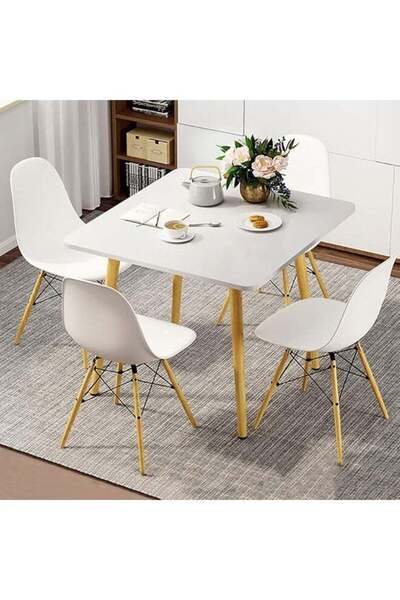 Taimi 5-Pieces Dining Set: White Square Table (72Hx80Lx80W cm) + 4 White Plastic Chairs (70Hx40Lx40W cm)