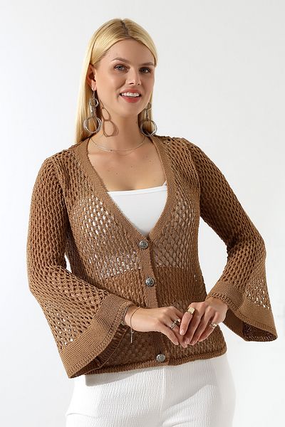 Devinka Women's Buttoned Openwork Spanish Sleeve Knitwear Cardigan