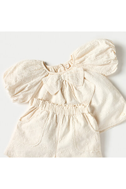 giggles Juniors Floral Embroidered Bow Applique Top and Elasticated Shorts Set