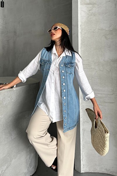 DESTEMODA Women's Denim Tunic Long Buttoned Two Pockets Denim Vest Blue 4506